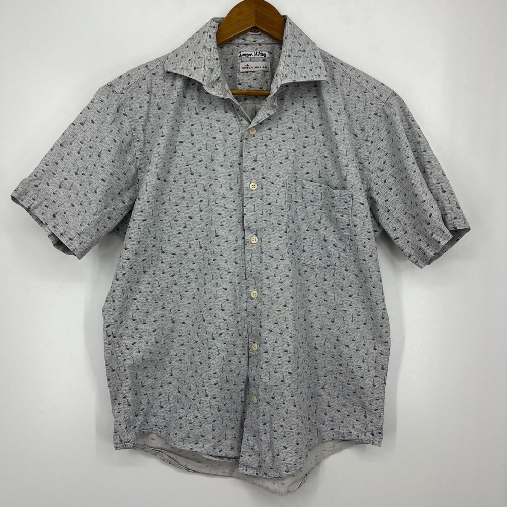 Peter Millar Short Sleeve Button Shirt Men's M Blue Sail Boat Ocean Print Cotton